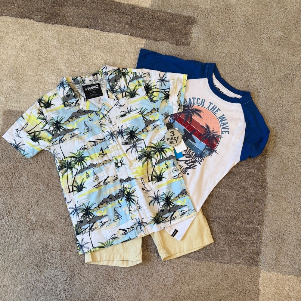 Tony Hawk Boys 3 Piece Set Shirt T-Shirt Shorts Tropical Surf Blue Tan Size 10 M